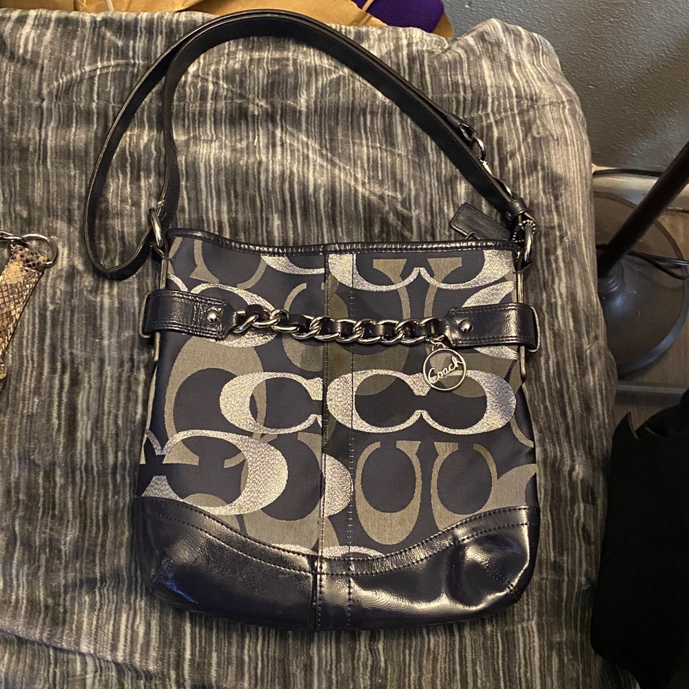 Coach Navy and Silver Chain Shoulder Bag